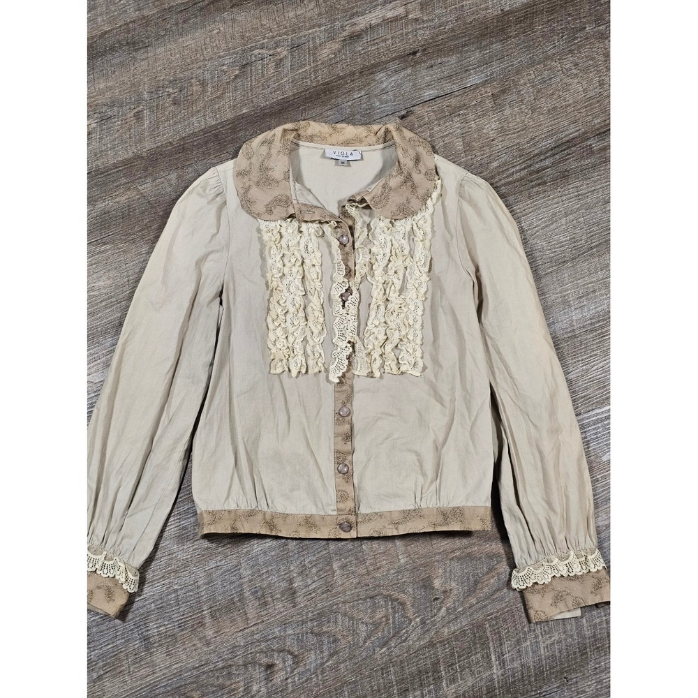 Viola Per Donna Beige Lace Ruffle Blouse Victorian Cottagecore Top Size 36